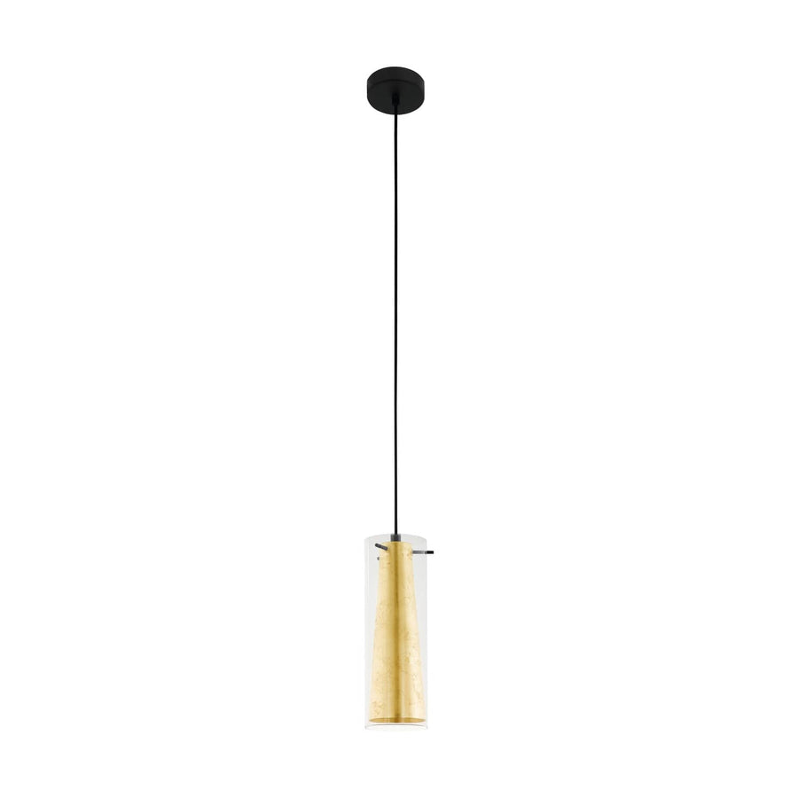 Suspension dorée sur fond blanc, vue de face avec câble noir et verre transparent cylindrique.