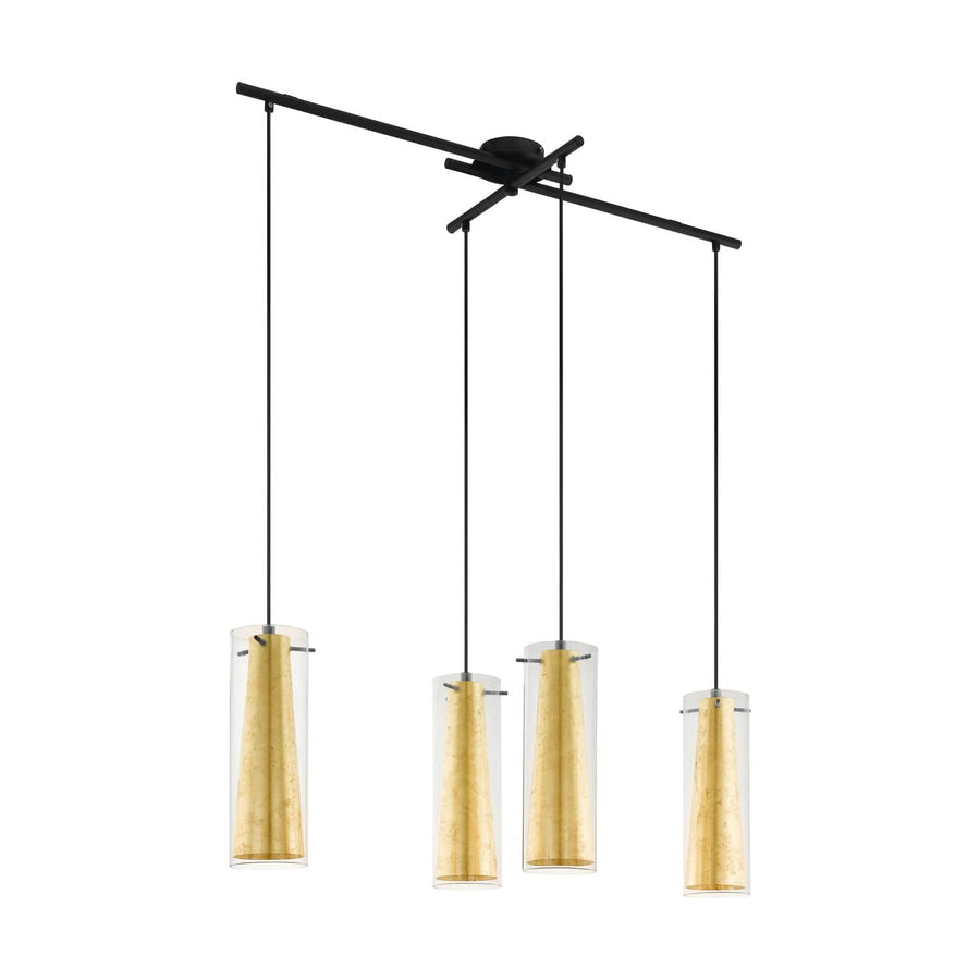 Suspension quatre lumières, verre transparent et cônes dorés sur fond blanc
