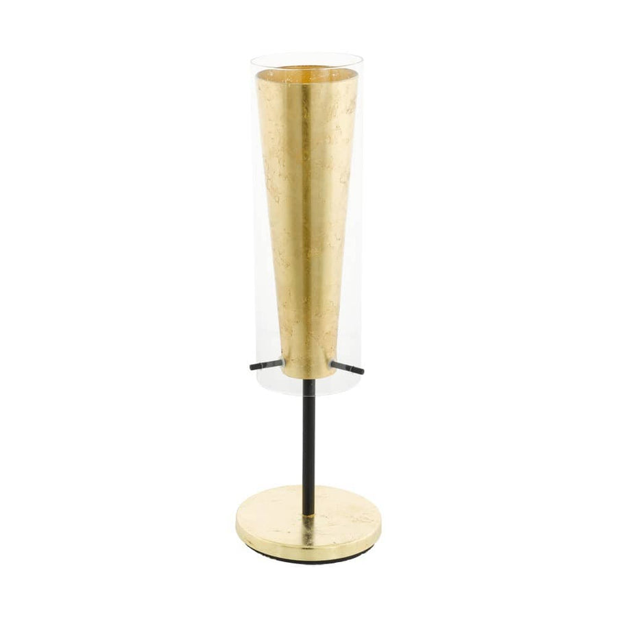 Lampe à poser dorée de face sur fond blanc, abat-jour conique et base ronde.