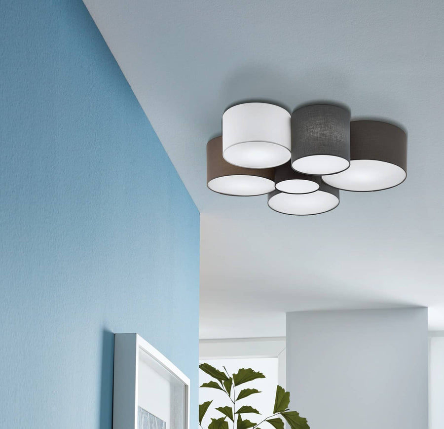 Luminaire installé au plafond dans un intérieur bleu clair avec cadre et plante verte