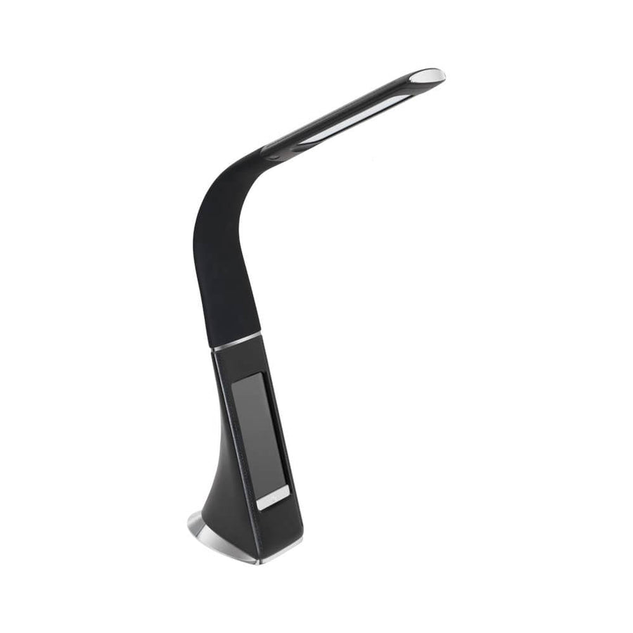 Lampe de bureau noire au col courbé, présentée de trois quarts sur fond blanc
