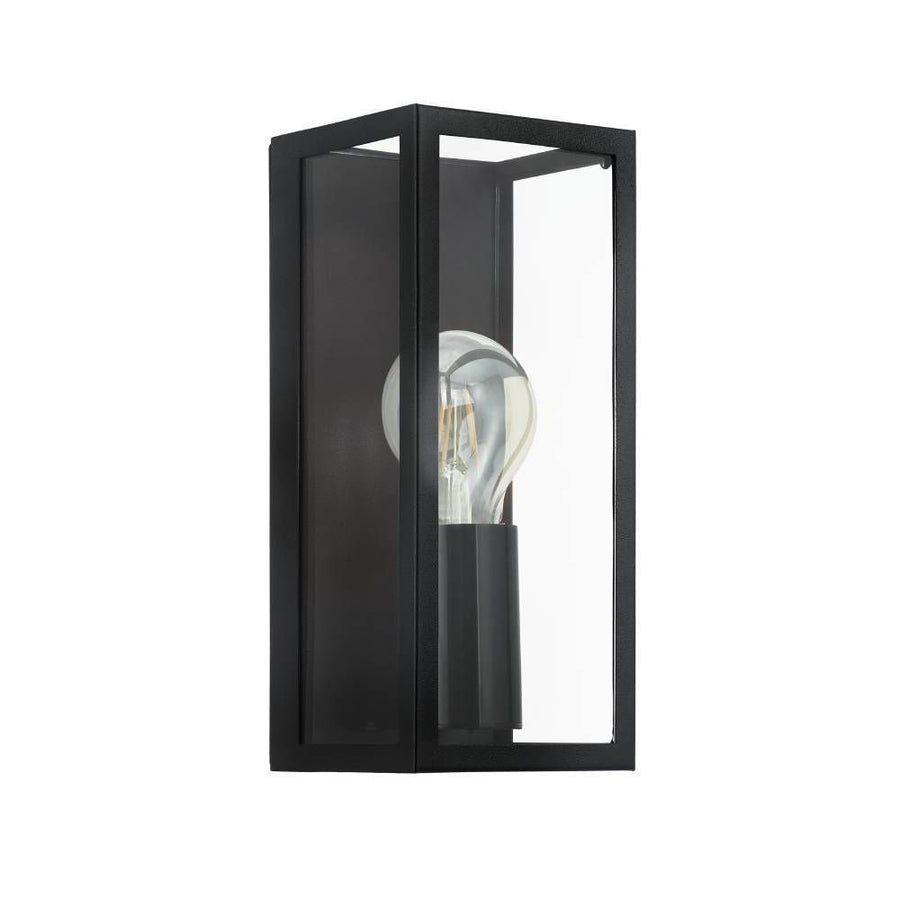 Vue produit de face d'une applique murale noire rectangulaire en verre transparent