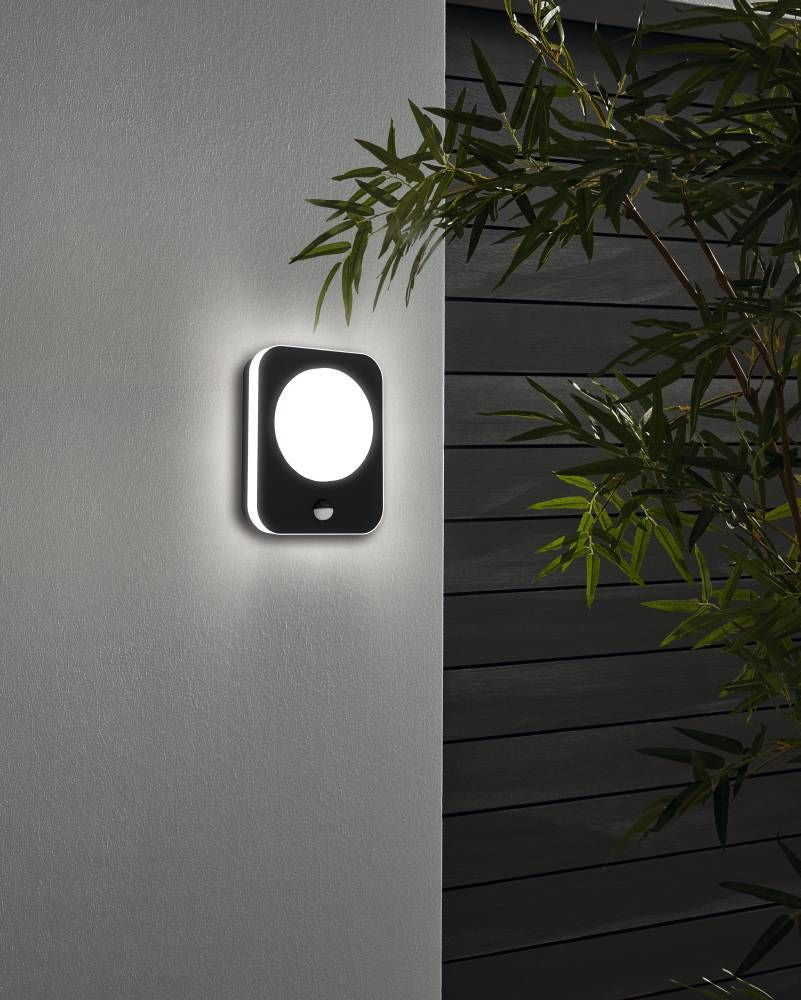Applique murale allumée sur un mur gris, près d'une tige de bambou et d'une cloison sombre