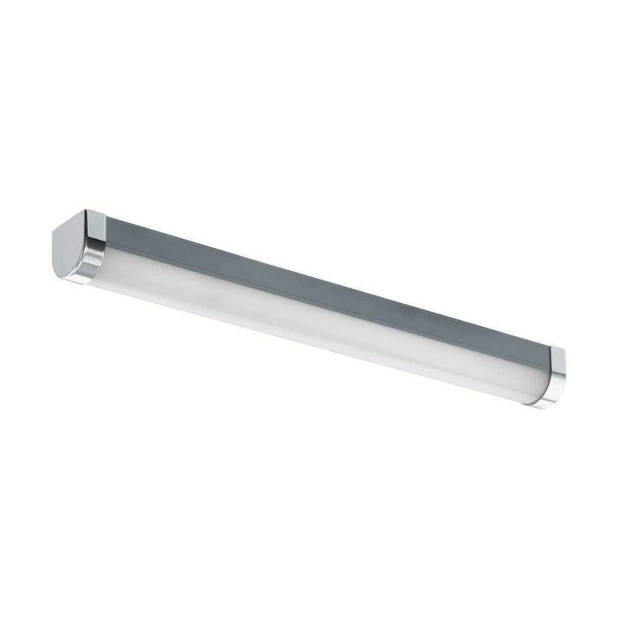 Vue isolée du luminaire tubulaire argenté et blanc, orienté en diagonale sur fond blanc.