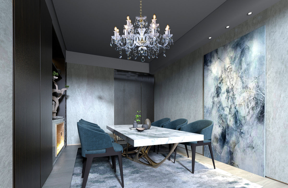 Lustre suspendu au-dessus d'une table de salle à manger contemporaine, mise en ambiance