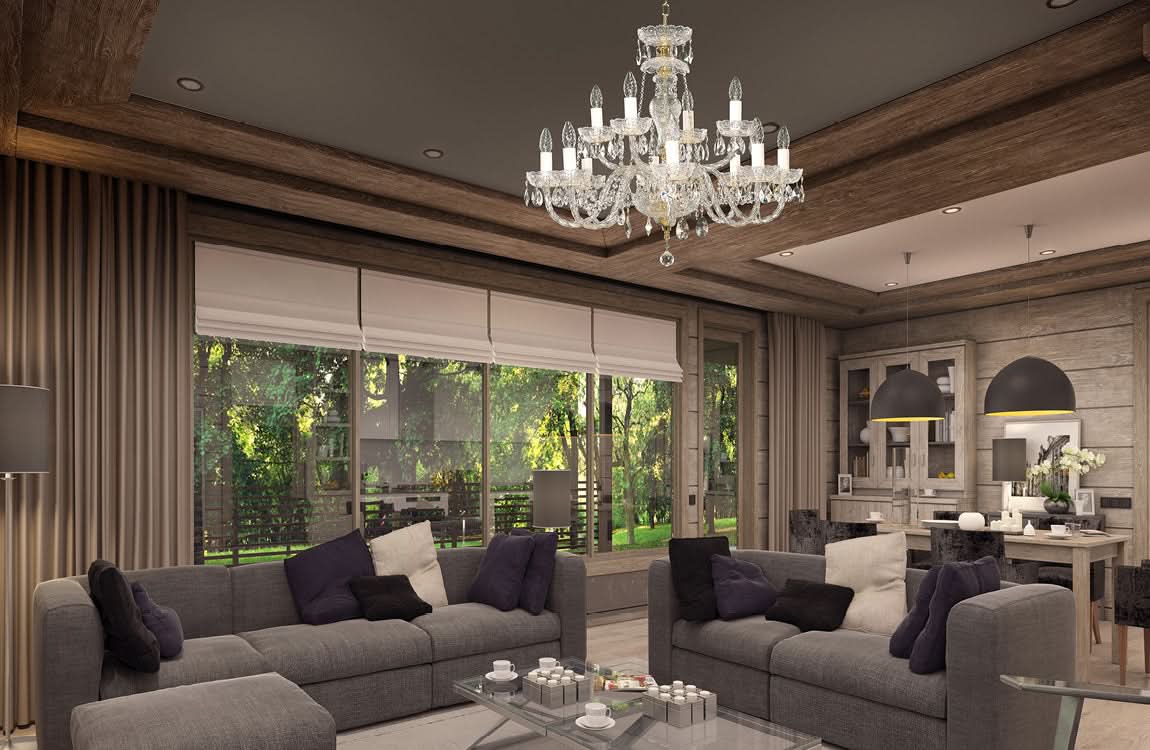 Lustre suspendu au plafond dans un salon moderne, ambiance bois et canapés gris