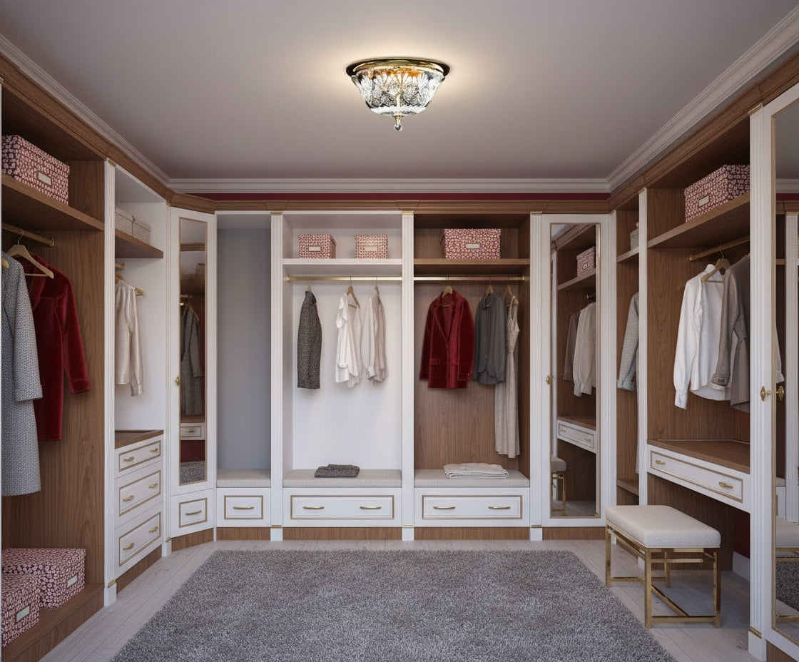 Luminaire au plafond d'un dressing, cristal et dorure en valeur.