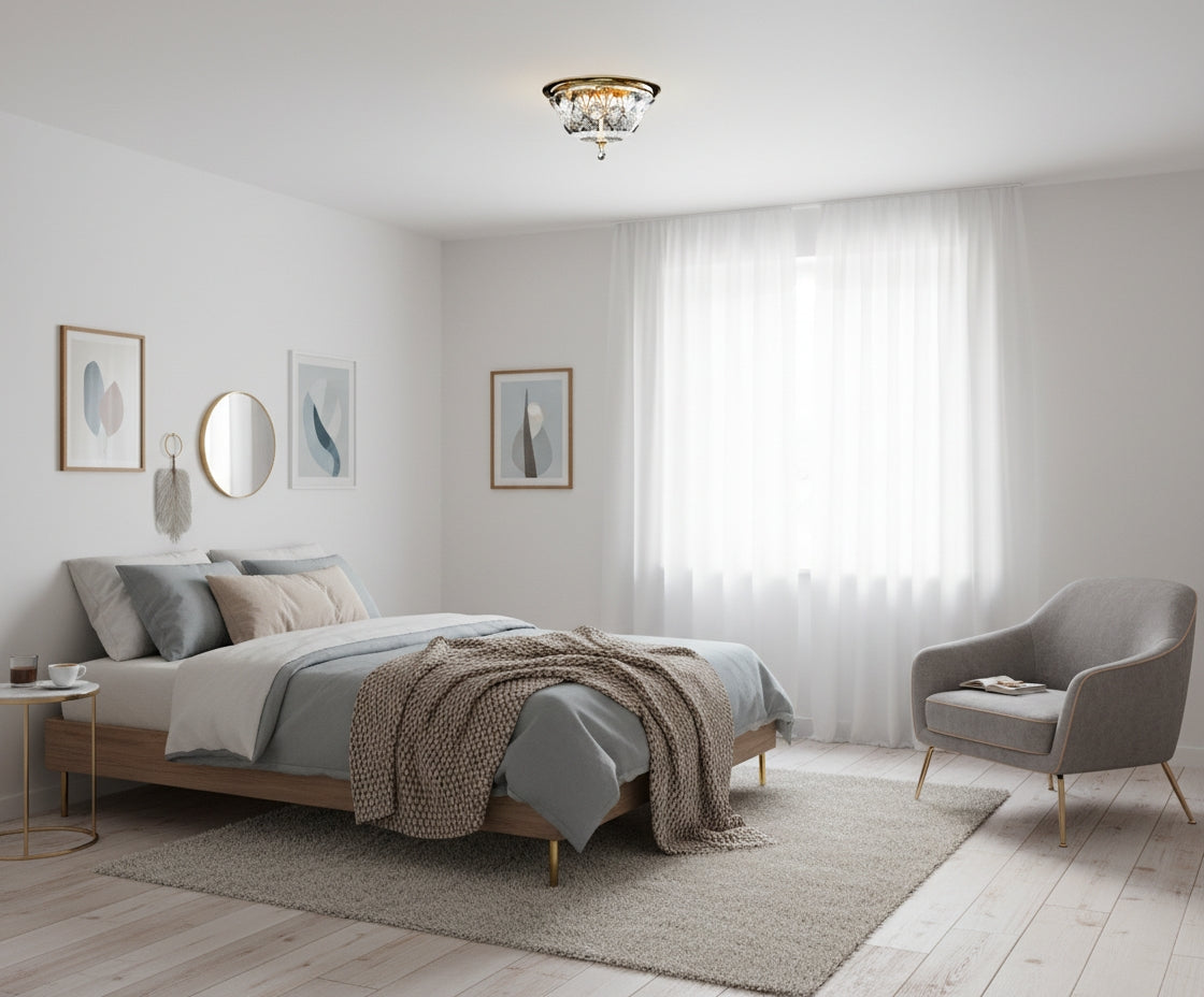 Plafonnier installé dans une chambre moderne, éclairage doux et décoratif.