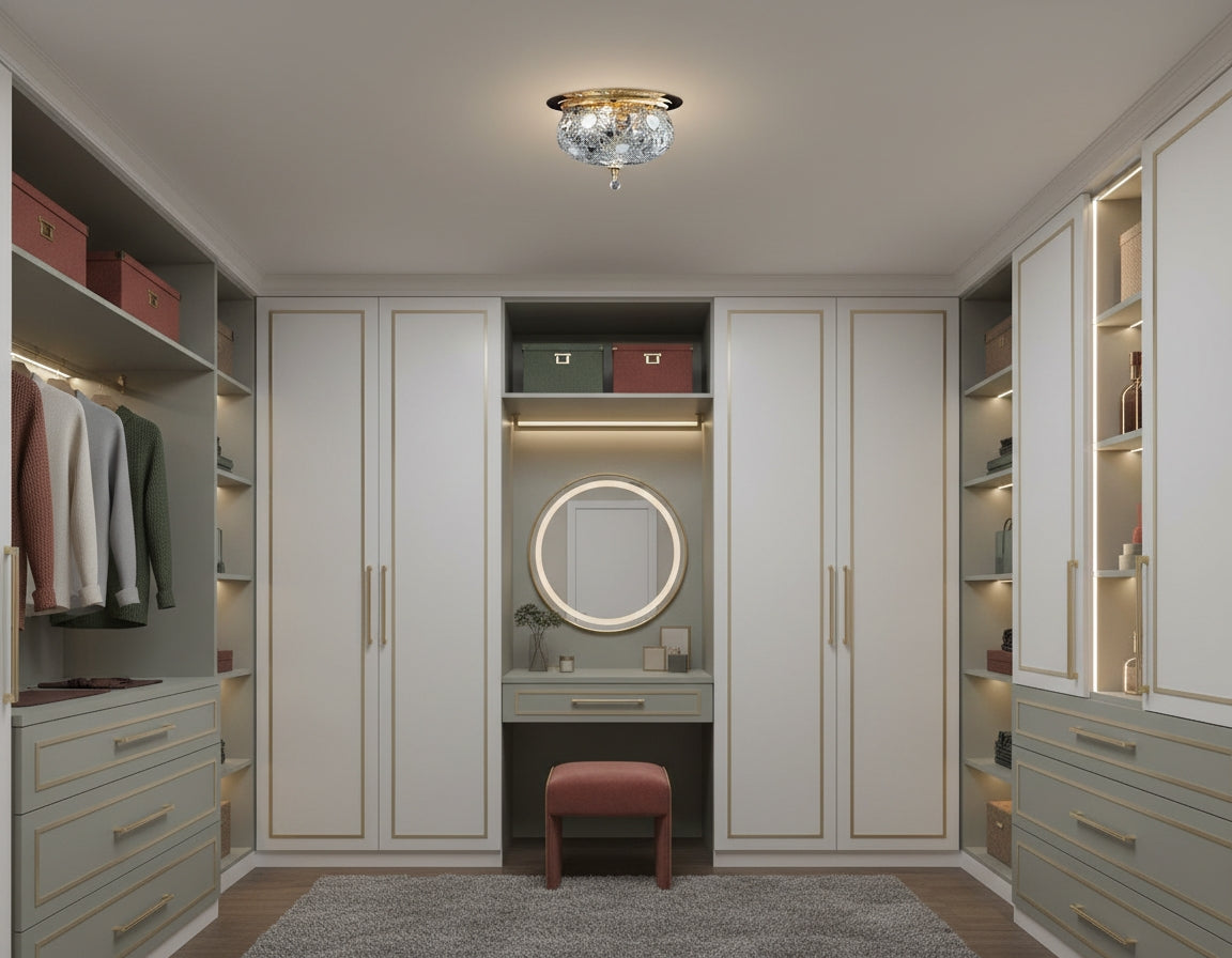 Installé au plafond d'un dressing blanc, au-dessus du miroir de la coiffeuse