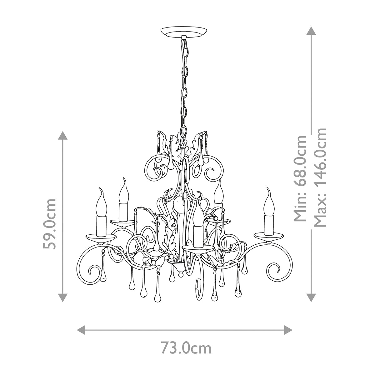 Schéma coté : hauteur 59 cm, largeur 73 cm, suspension réglable.