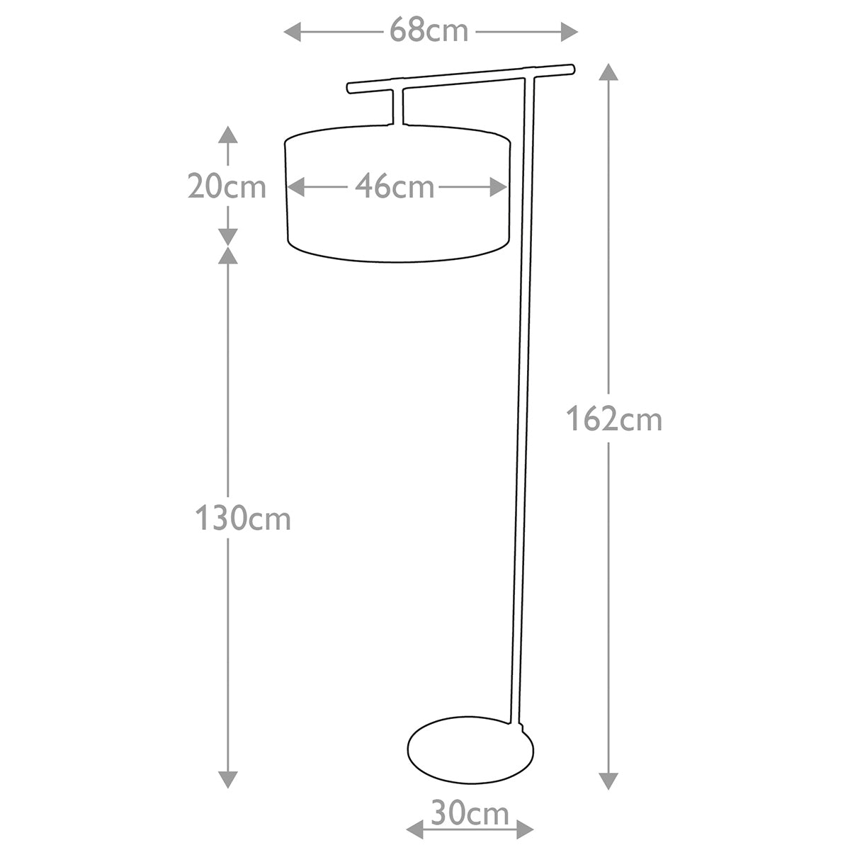 Schéma coté du lampadaire indiquant hauteur totale et diamètre de l'abat-jour