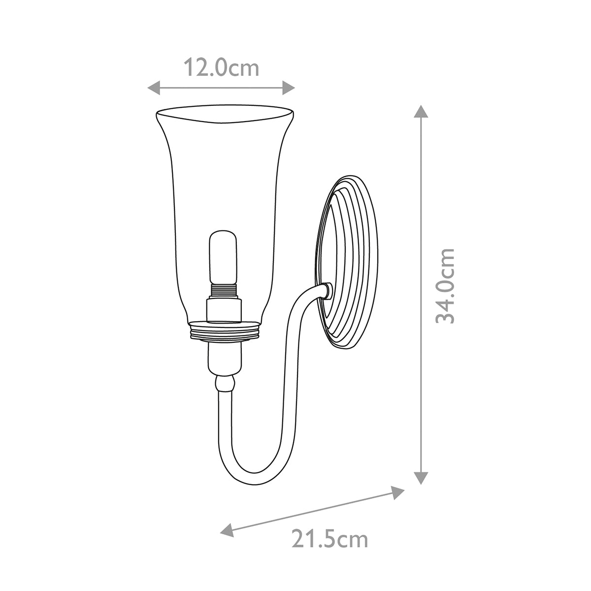 Schéma coté : 12 cm de largeur, 34 cm de hauteur et 21,5 cm de profondeur