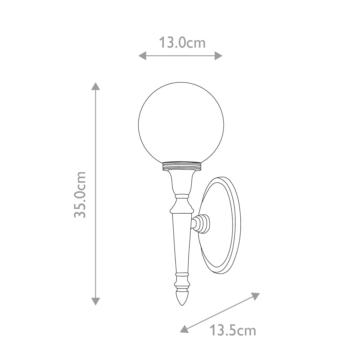 Schéma technique côté : hauteur 35 cm, largeur 13 cm et profondeur 13,5 cm.