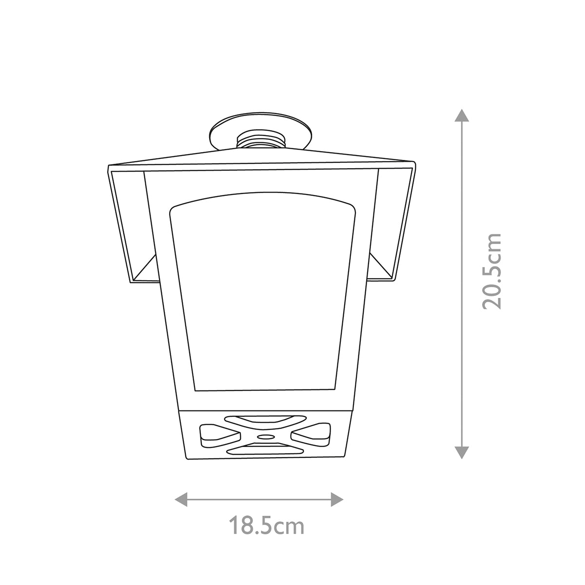 Schéma technique coté indiquant hauteur 20,5 cm et largeur 18,5 cm.