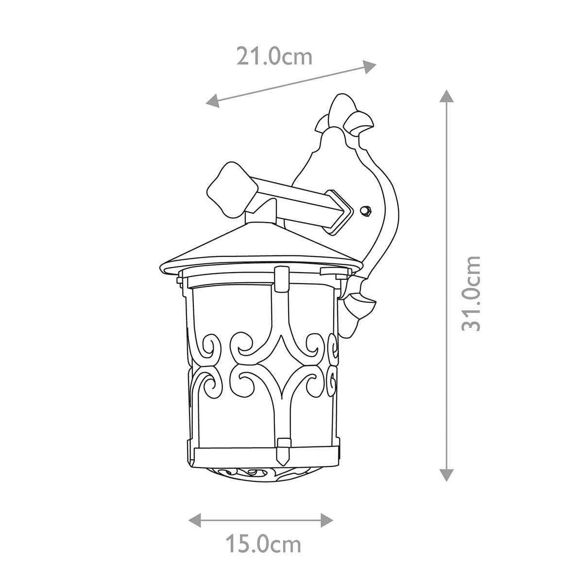 Schéma technique coté : hauteur 31 cm, largeur 21 cm et diamètre 15 cm
