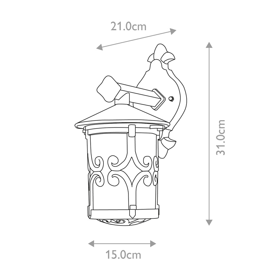 Schéma technique coté : hauteur 31 cm, largeur 21 cm et diamètre 15 cm