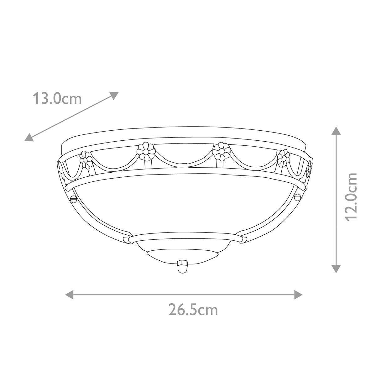 Schéma coté du luminaire avec largeur 26,5 cm et hauteur 12 cm
