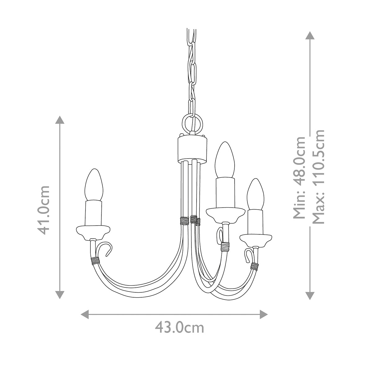 Schéma coté du luminaire avec hauteur, largeur et réglage de la chaîne