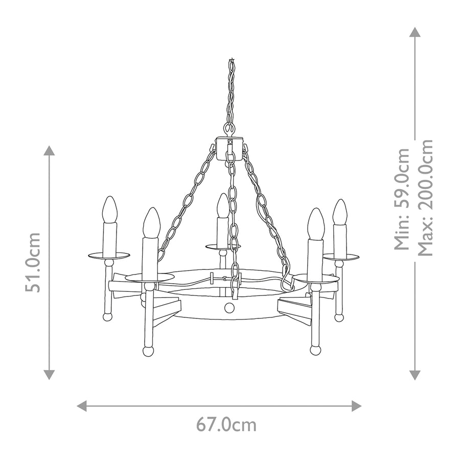 Schéma technique avec dimensions du lustre, hauteur 51 cm et largeur 67 cm.