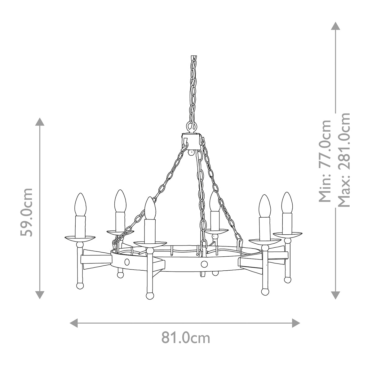 Schéma coté du lustre avec hauteur 59 cm, diamètre 81 cm et suspension réglable.