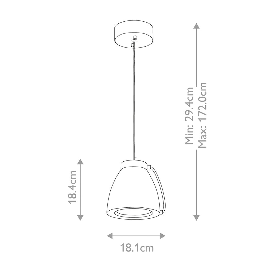 Schéma de dimensions indiquant hauteur 18,4 cm, largeur 18,1 cm et réglage 29,4 à 172 cm.