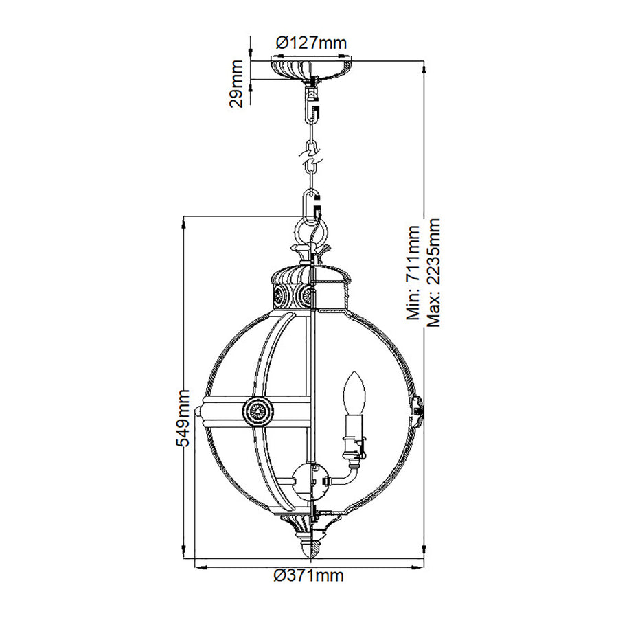 Schéma technique coté présentant les dimensions du luminaire et la longueur de chaîne.