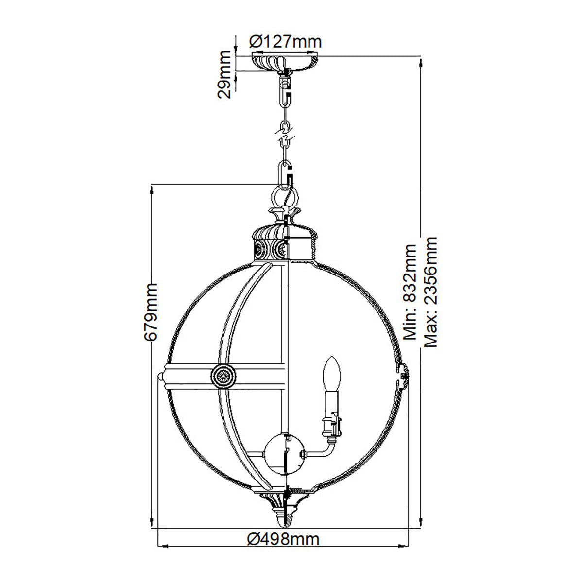 Schéma technique côtés avec dimensions du globe, hauteur et diamètre.