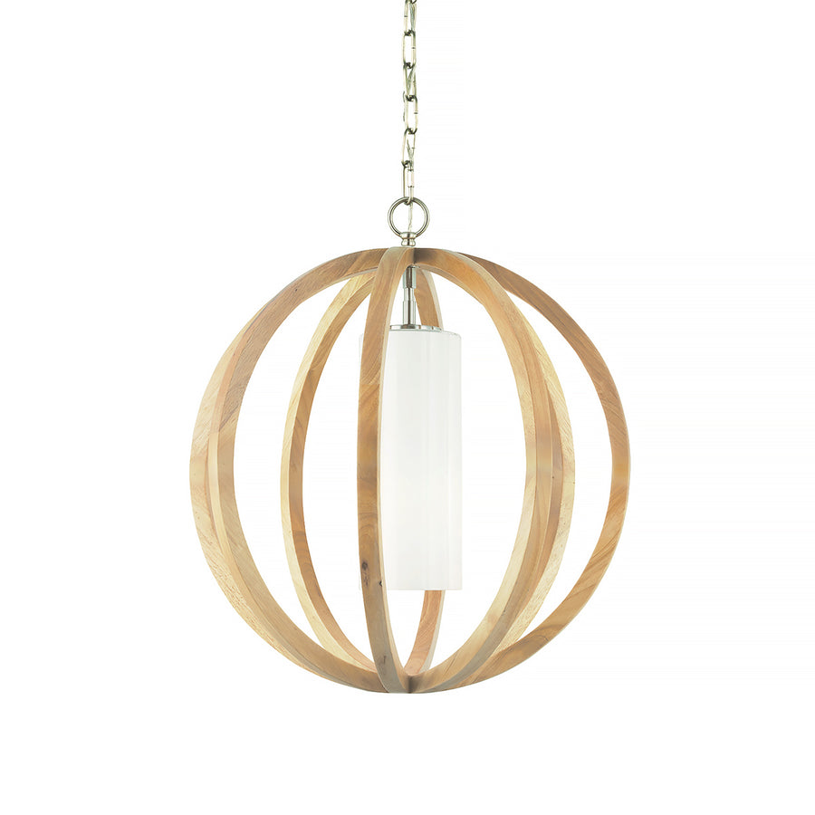 Second angle du luminaire suspendu, cercles de bois naturel et cylindre opalin blanc