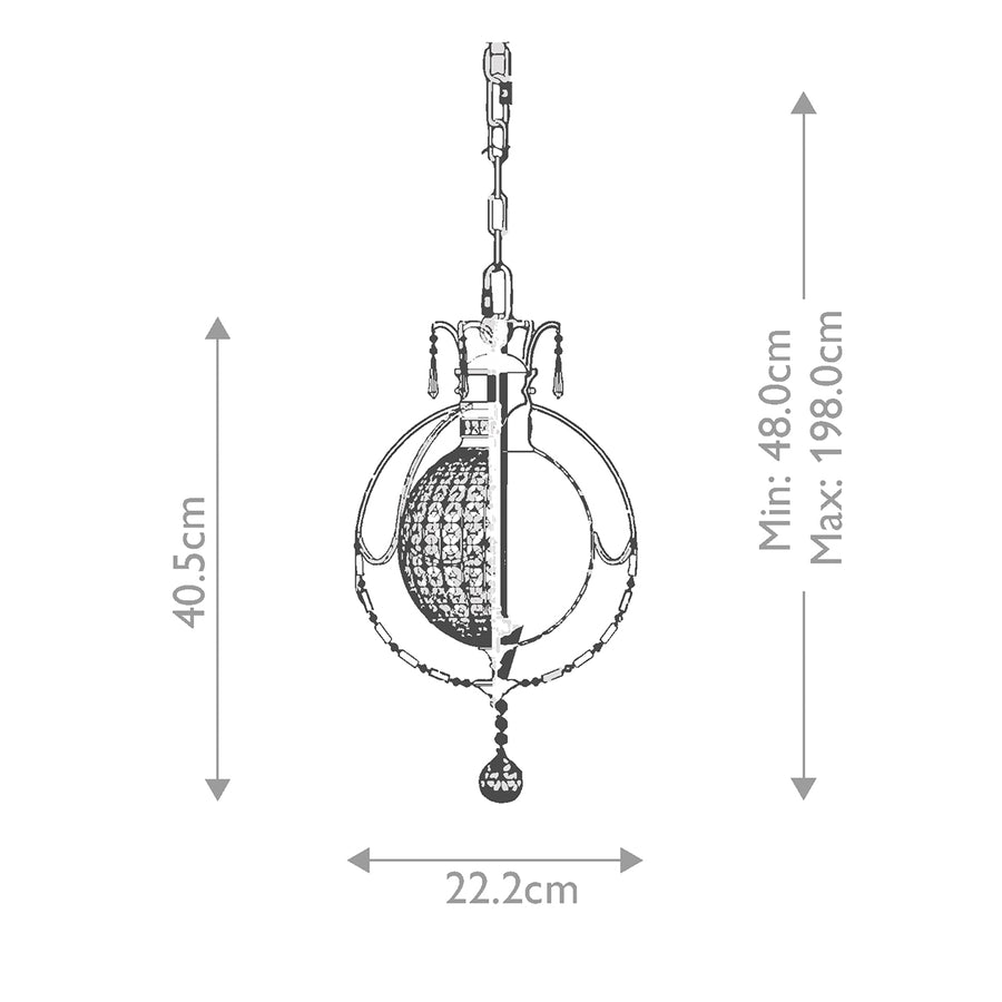 Schéma coté du luminaire, hauteur 40,5 cm et diamètre 22,2 cm