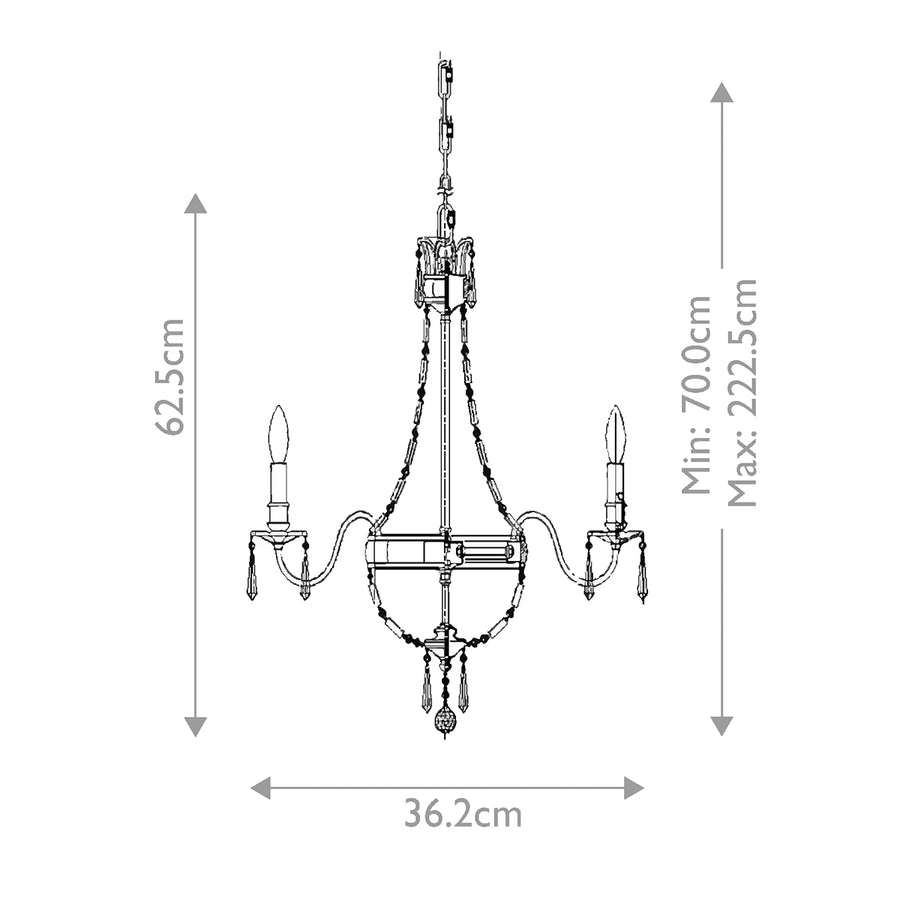 Schéma coté du lustre avec hauteur 62,5 cm et largeur 36,2 cm