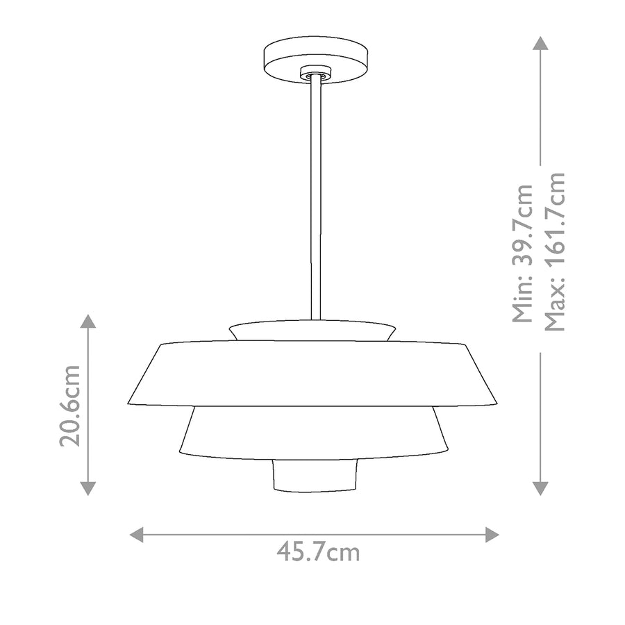 Schéma technique avec dimensions de la suspension, hauteur et diamètre.