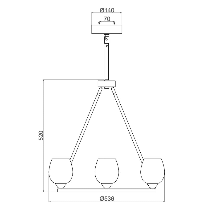 Schéma coté du luminaire avec dimensions du plateau, hauteur 520 et diamètre 536