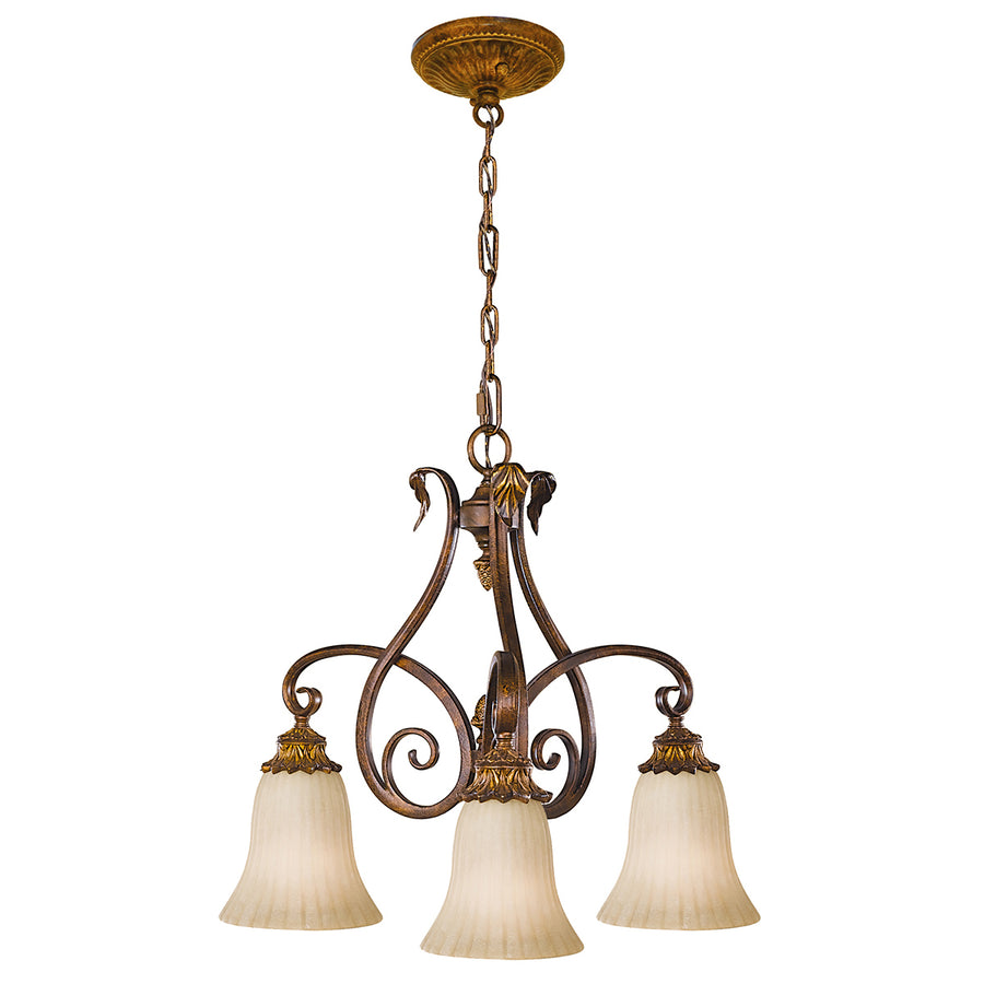 Lustre complet avec chaîne et cache-piton doré, trois suspensions en verre crème.