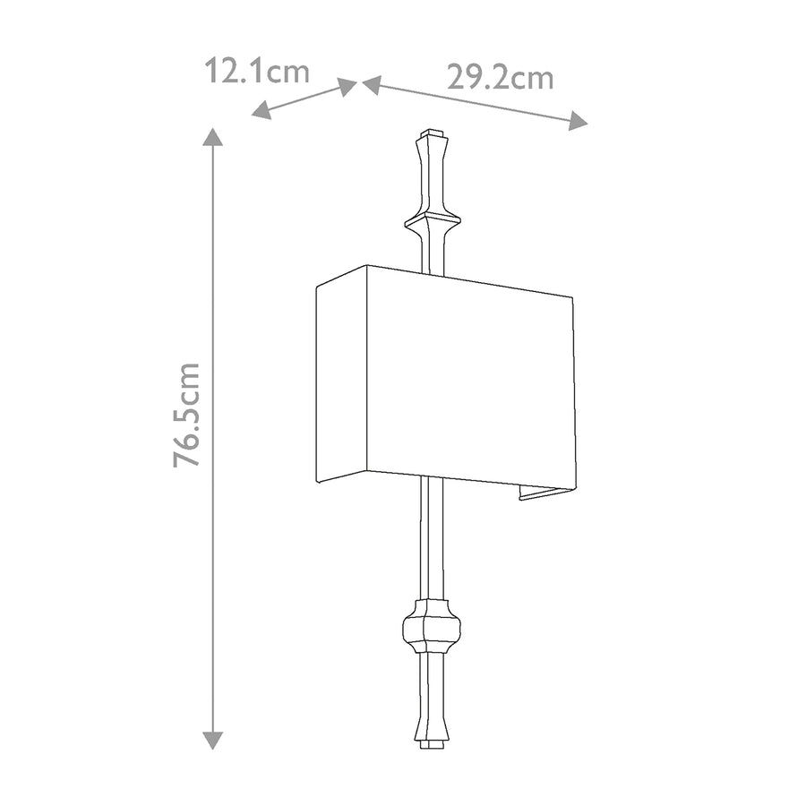Schéma coté indiquant 76,5 cm de hauteur, 29,2 cm de largeur et 12,1 cm de profondeur.