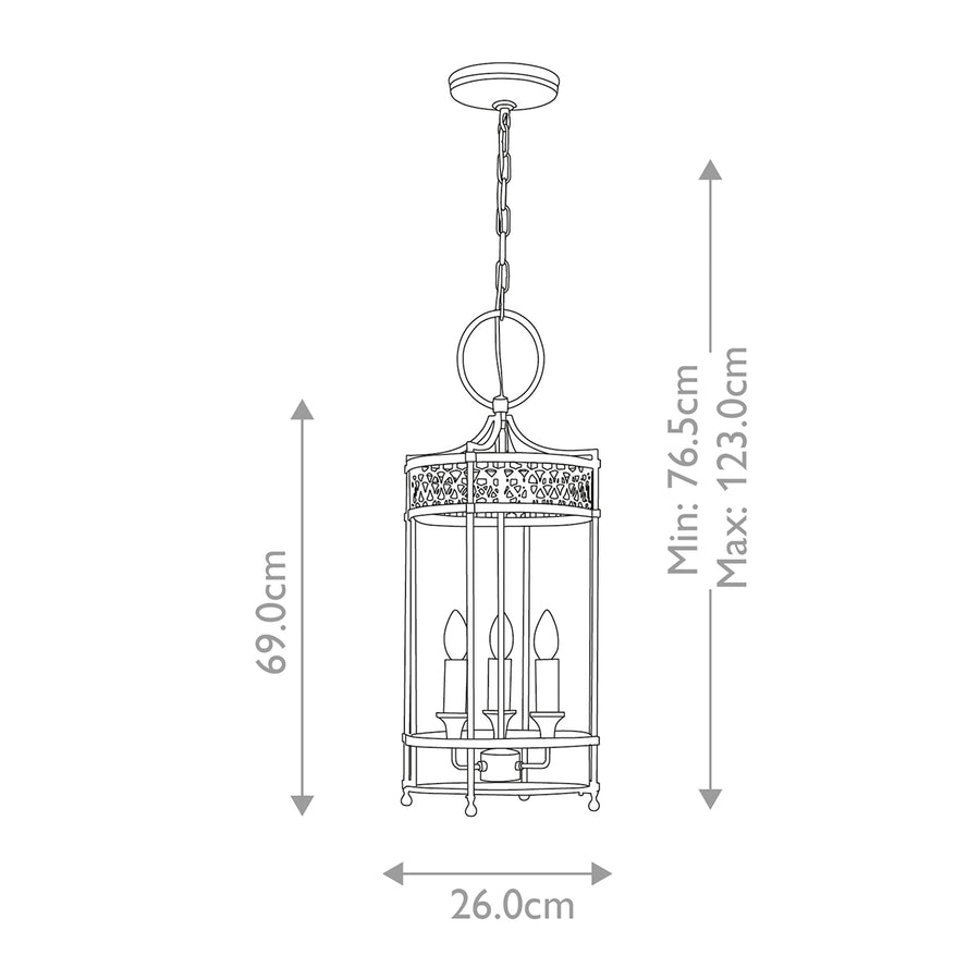 Schéma coté indiquant 69 cm de hauteur, 26 cm de diamètre et chaîne réglable