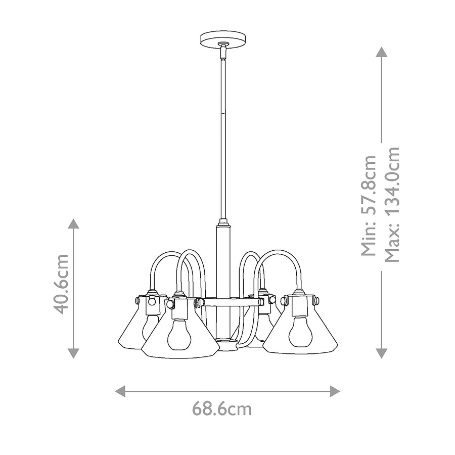 Schéma technique coté du luminaire avec hauteur minimale et maximale en centimètres.