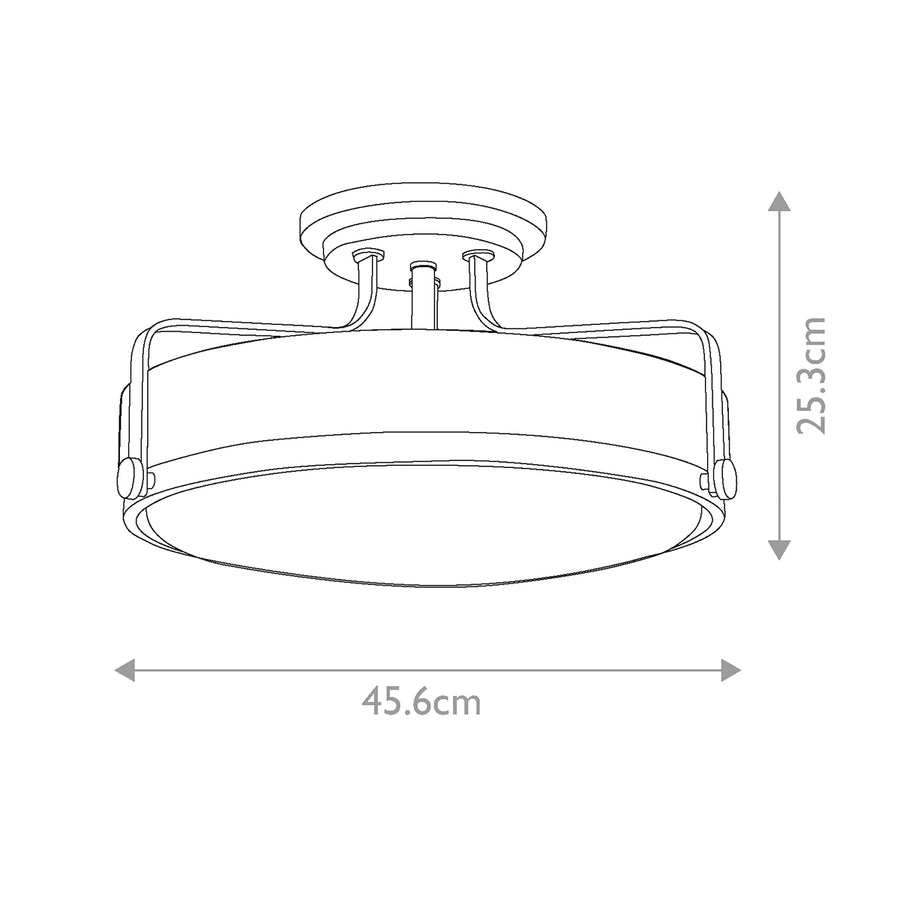 Schéma coté du plafonnier indiquant 45,6 cm de diamètre et 25,3 cm de hauteur
