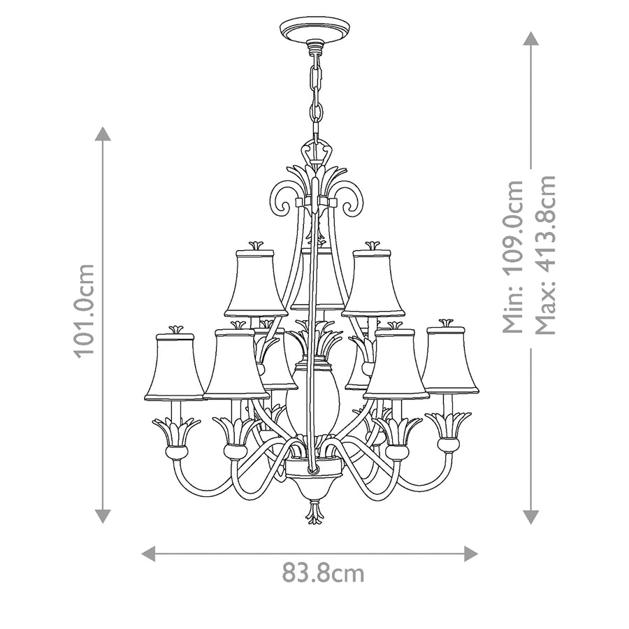 Schéma coté indiquant les dimensions minimales et maximales du luminaire