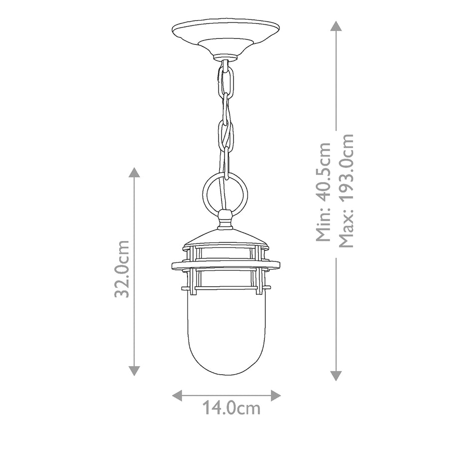 Schéma coté indiquant hauteur 32 cm, largeur 14 cm et réglage 40,5 à 193 cm.