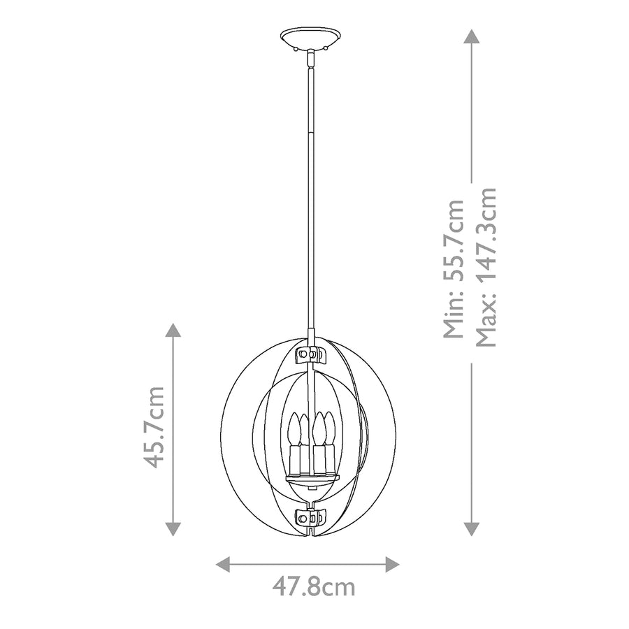Schéma coté du luminaire avec hauteur minimale, maximale et largeur de 47,8 cm.