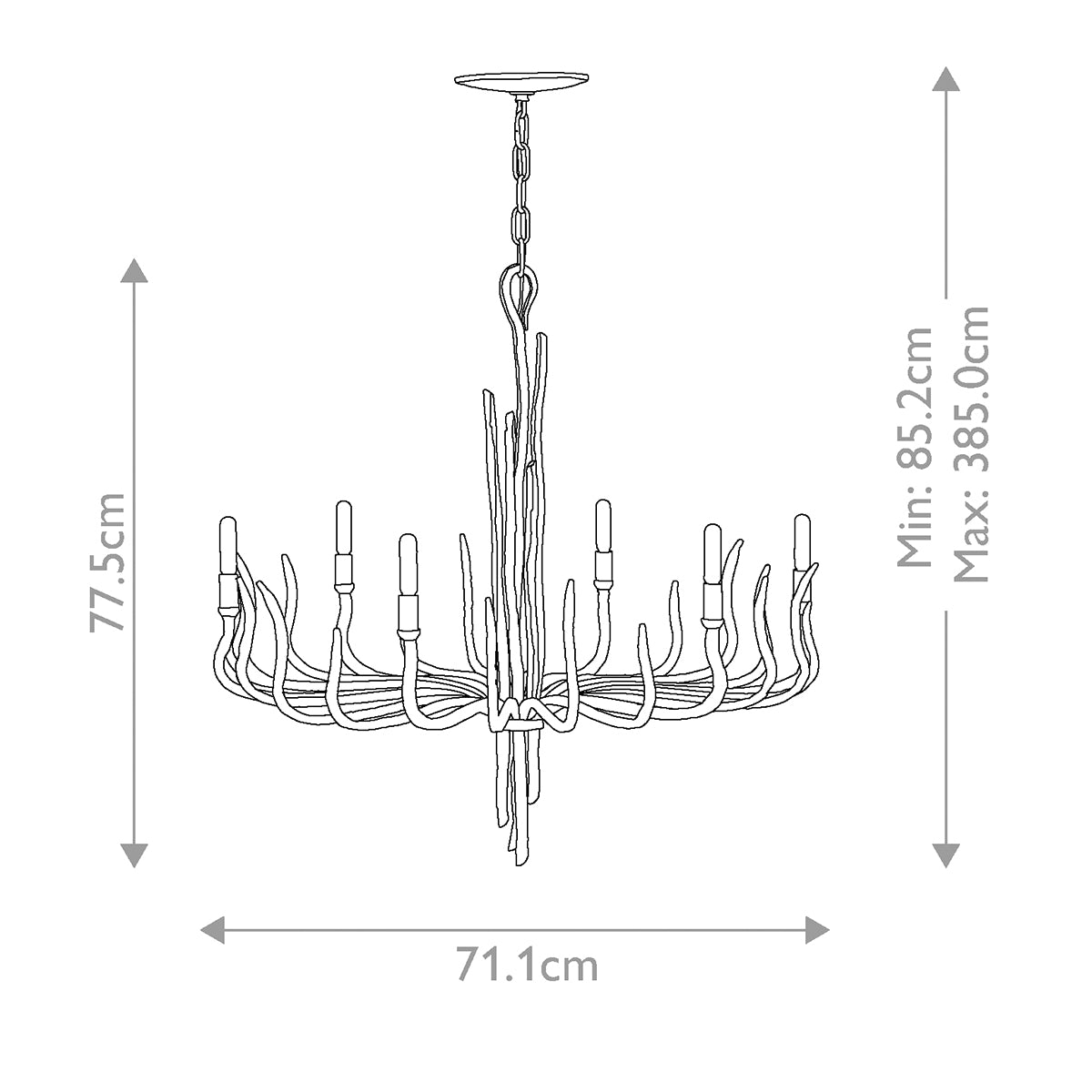 Schéma coté du lustre indiquant 71,1 cm de diamètre et hauteur réglable.