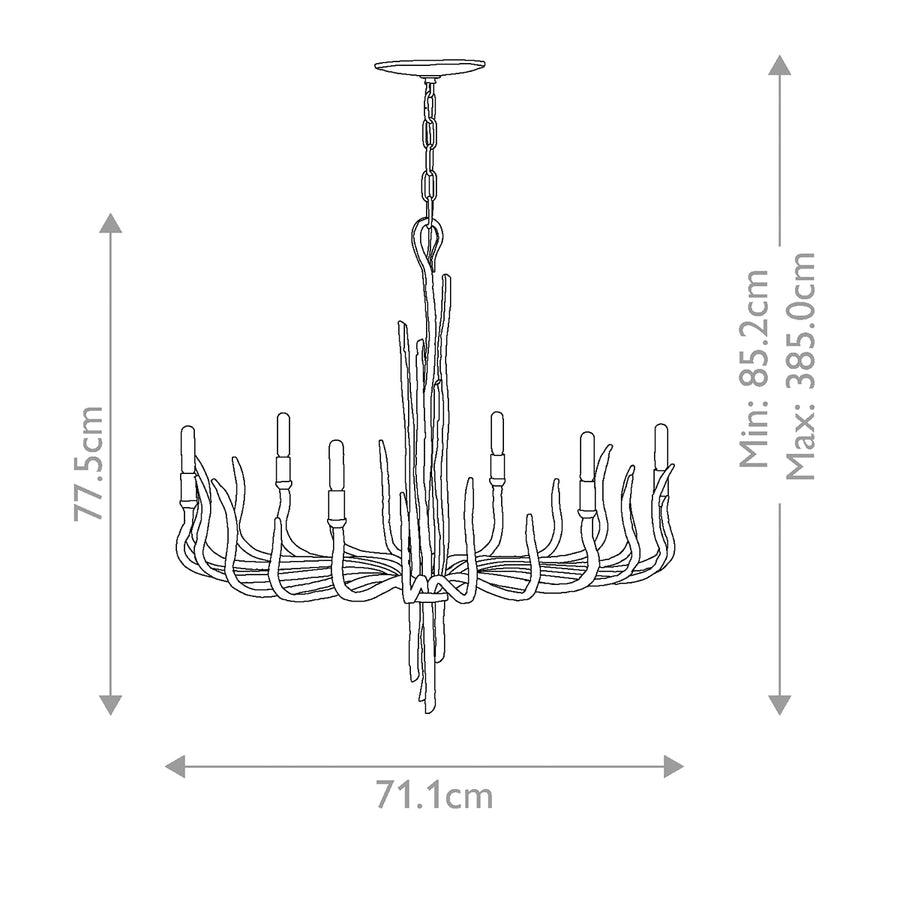 Schéma coté du lustre indiquant 71,1 cm de diamètre et hauteur réglable.