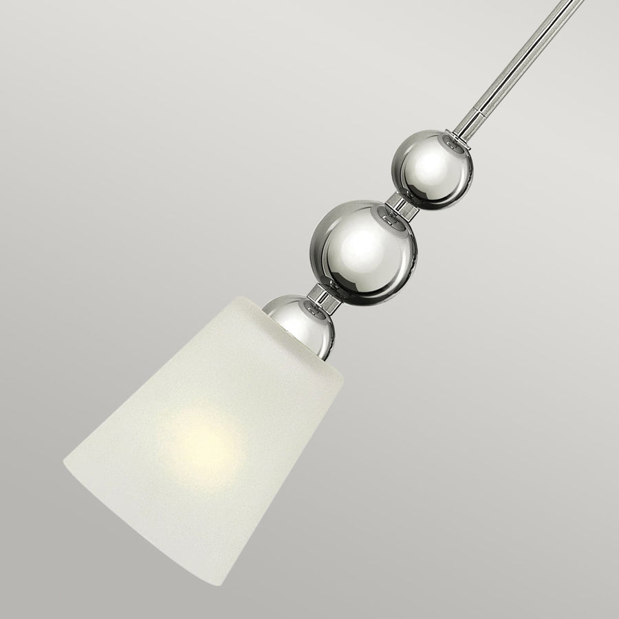 Détail rapproché des deux sphères en nickel poli et du verre dépoli allumé