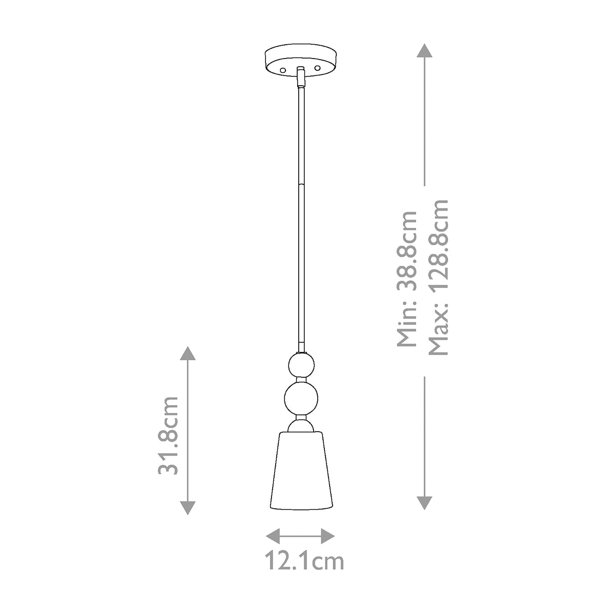 Schéma coté montrant hauteur minimale, maximale et diamètre de l'abat-jour