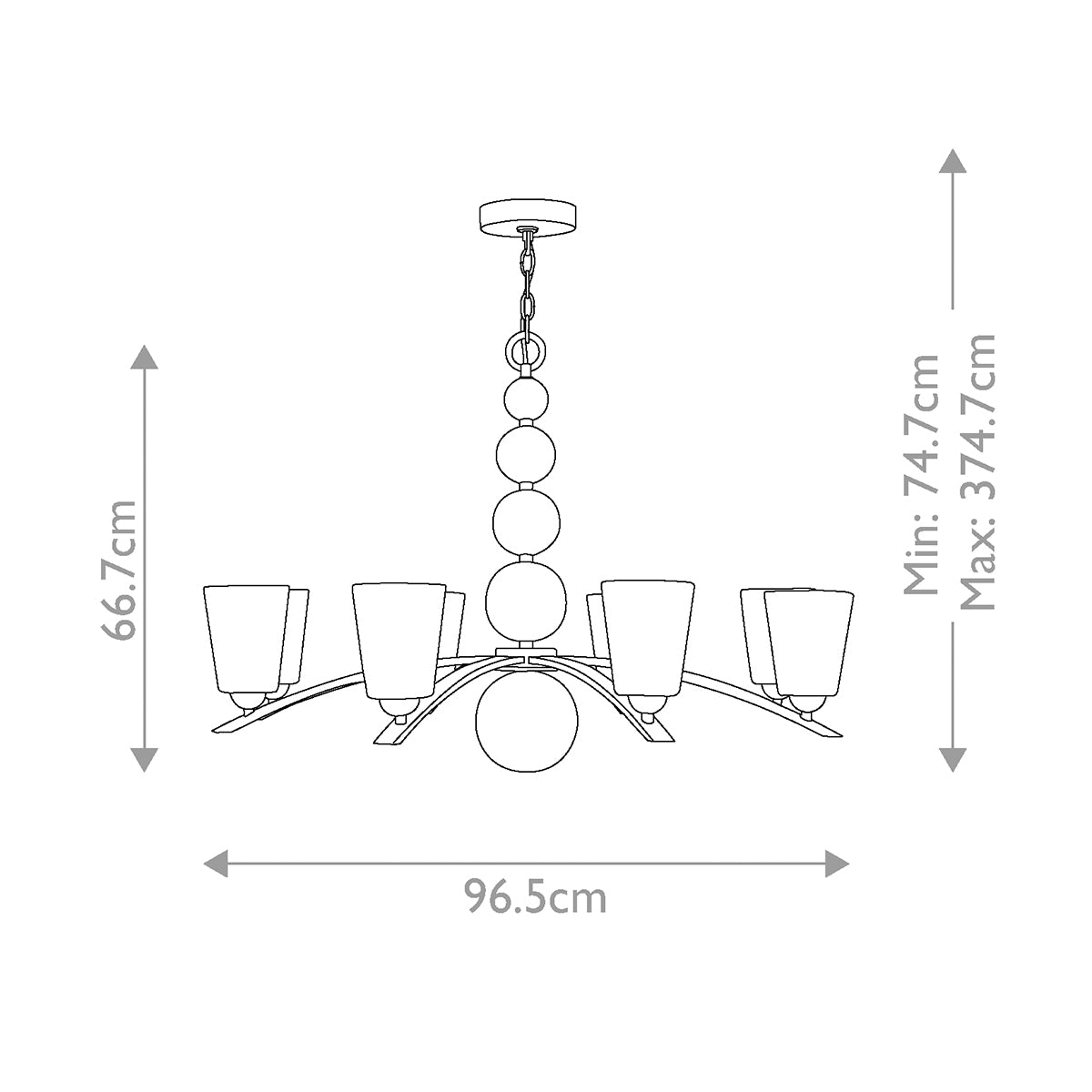 Schéma coté du lustre indiquant hauteur minimale, maximale et largeur hors tout.