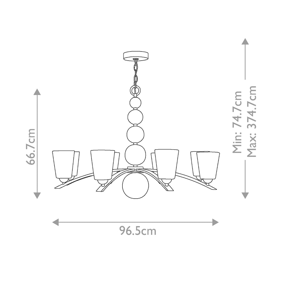 Schéma coté du lustre indiquant hauteur minimale, maximale et largeur hors tout.