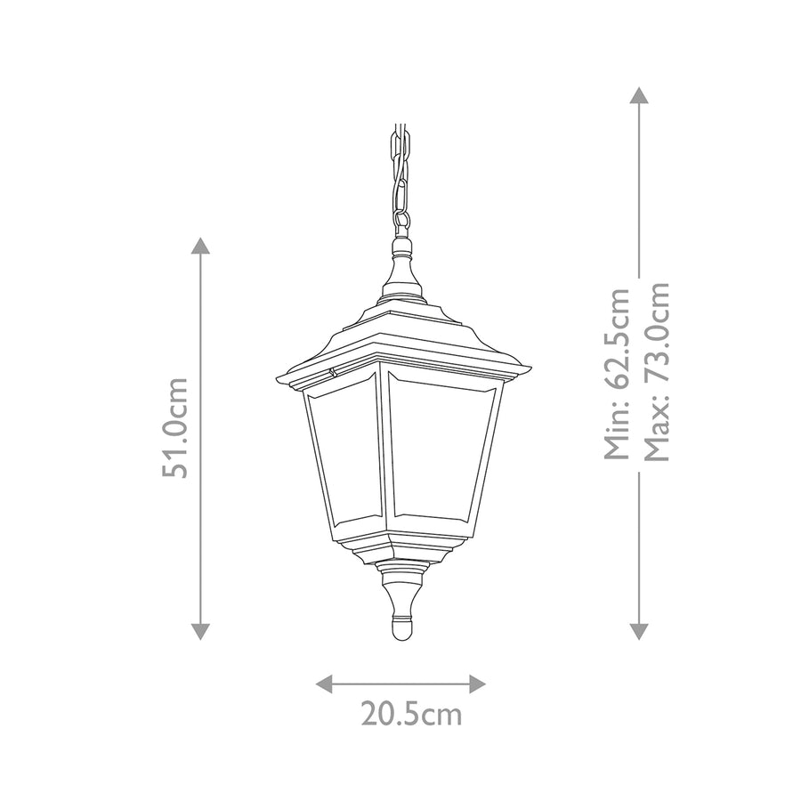 Schéma coté du luminaire : hauteur minimale et maximale, largeur et réglage de chaîne.