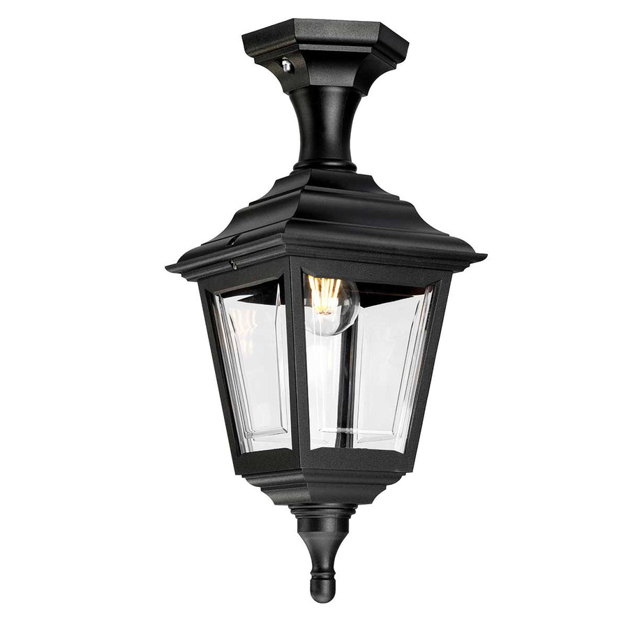Vue du luminaire fixé au plafond, lanterne noire suspendue par sa base