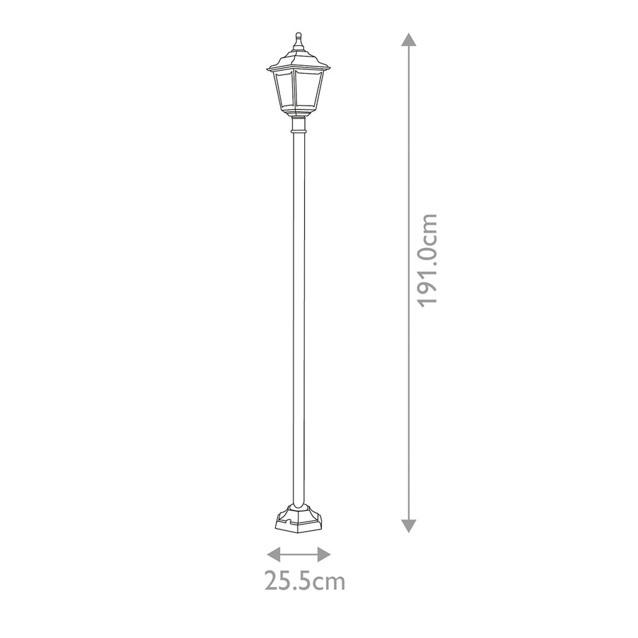 Schéma coté du lampadaire indiquant une hauteur de 191 cm et largeur de 25,5 cm.