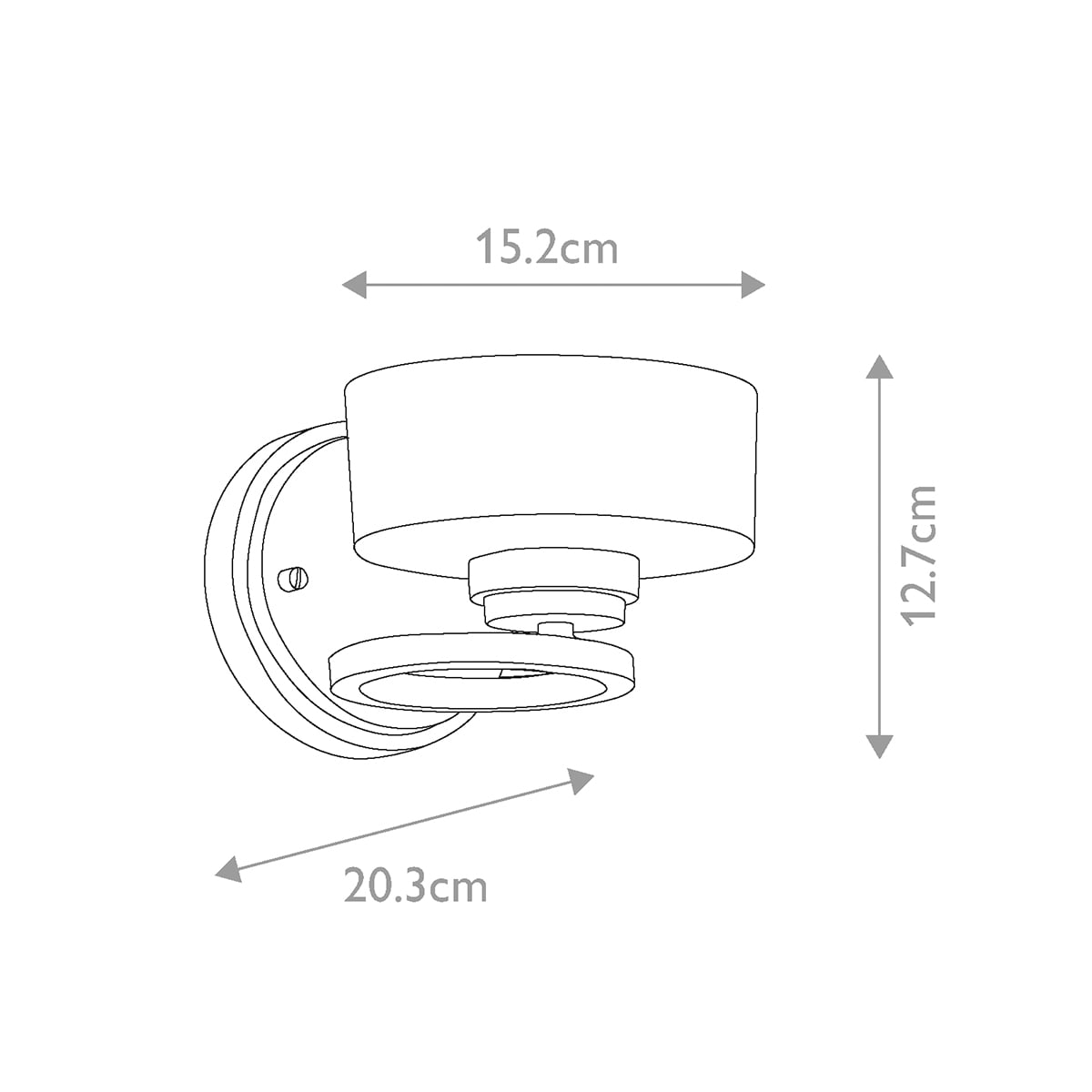 Schéma coté du luminaire : largeur 15,2 cm, hauteur 12,7 cm, profondeur 20,3 cm.